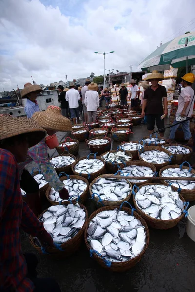 Rybáři Přenášejí Koše Ryb Břeh Qionghai Provincii Chinas Hainan Května — Stock fotografie