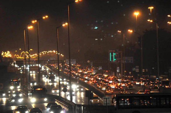 Vehicles Move Slowly Traffic Jam Rush Hour Road Beijing China — Stock Photo, Image