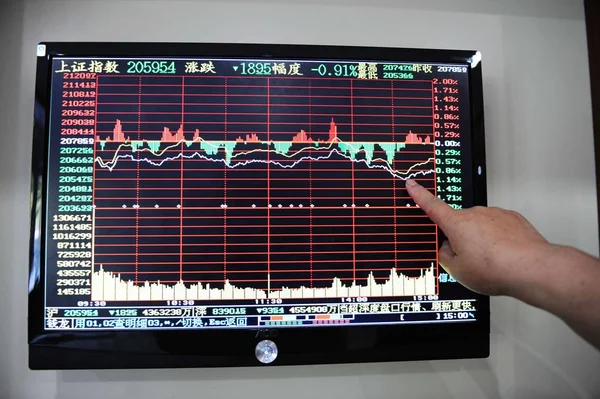 Invester Checks Stock Information Securities Exchange House Qingdao North Chinas — Stock Photo, Image