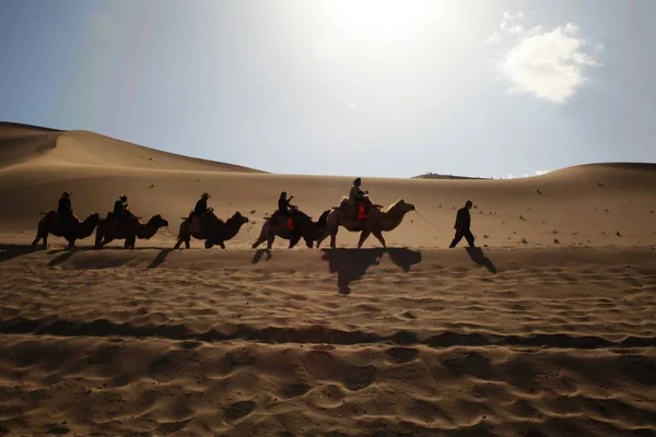 2012年10月3日 在中国甘肃省西北部敦煌的沙漠中骑骆驼的游客和唱沙山风景区 — 图库照片