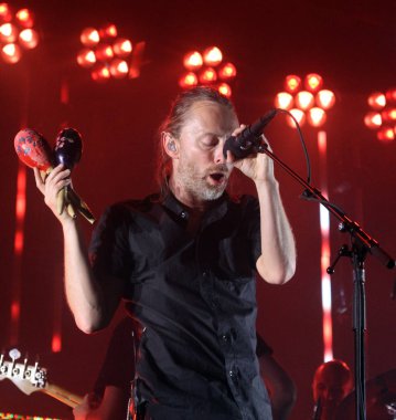 Lead singer of British rock band Radiohead, Thom Yorke, performs during their concert in Taipei, Taiwan, 25 July 2012.