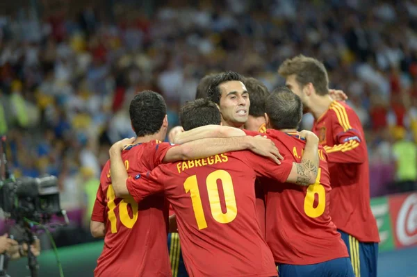 Footballers Spain Celebrate Scoring Goal Italy Final Match Uefa European — Stock Photo, Image