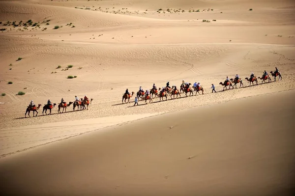 Turisti Cavalcano Cammelli Linea Sulle Dune Sabbia Canto Nella Città — Foto Stock