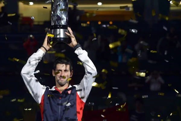 Novak Djokovic Sérvia Detém Seu Troféu Campeão Cerimônia Premiação Depois — Fotografia de Stock