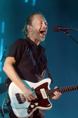 Lead singer of British rock band Radiohead, Thom Yorke, performs during their concert in Taipei, Taiwan, 25 July 2012.