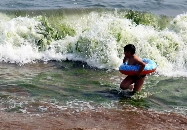 Een Jongen Zwemt Het Water Een Strand Bedekt Met Groene — Stockfoto