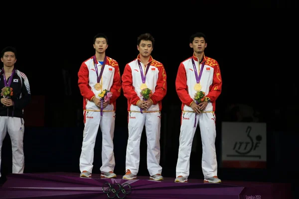 Fra Andre Til Høyre Gullmedaljevinnerne Long Wang Hao Zhang Jike – stockfoto