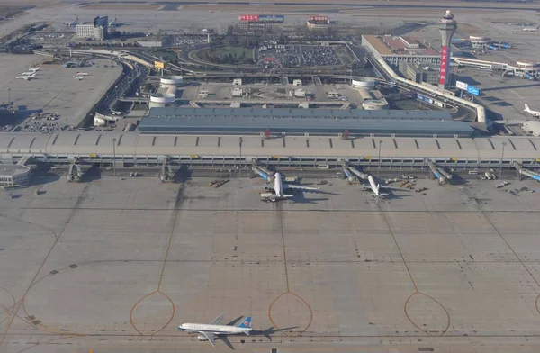 Luchtfoto Van Vliegtuigen Van Beijing Capital International Airprot Peking China — Stockfoto