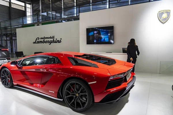 Coche Deportivo Lamborghini Aventador Exhibe Durante Shanghai Pudong International Automotive — Foto de Stock