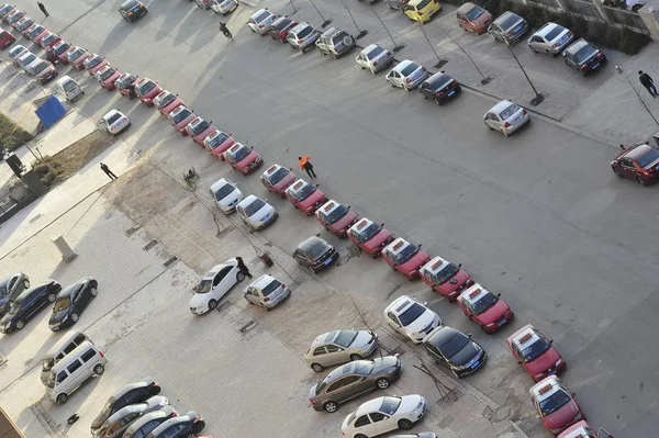 Taksiler Uzun Bir Kuyruk Havadan Görünüm Taiyuan Şehir Kuzeybatı Chinas — Stok fotoğraf