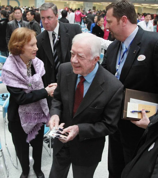 Expresidente Estadounidense Jimmy Carter Centro Sonríe Mientras Llega Con Motivo — Foto de Stock