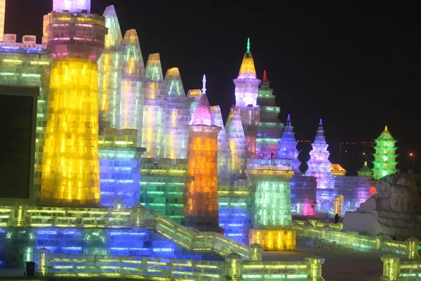 Esculturas Hielo Colores Representan Durante 14º Mundo Hielo Nieve Ciudad — Foto de Stock