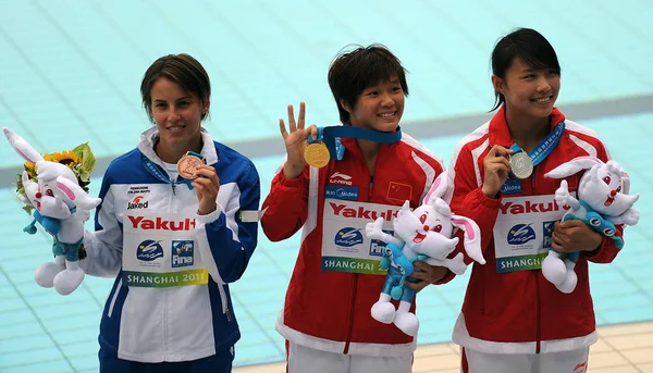 Esquerda Medalhista Bronze Tania Cagnotto Itália Medalhista Ouro Chinas Shi — Fotografia de Stock