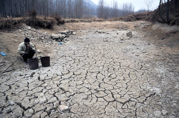 2011년 28일 산둥성 다누안장 리자오시에서 가뭄이 발생했을 연못에서 양동이 옆에서 — 스톡 사진