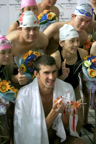 Michael Phelps Poses Chinese Special Olympics Swimmers Press Conference Held — Stock Photo, Image