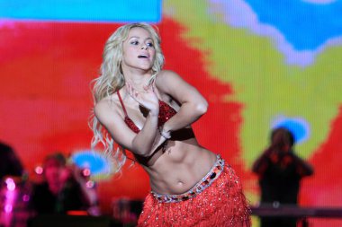 Columbian pop star Shakira Mebarak Ripoll performs during a New Year gala in Nanjing city, east Chinas Jiangsu province, 31 December 2010.