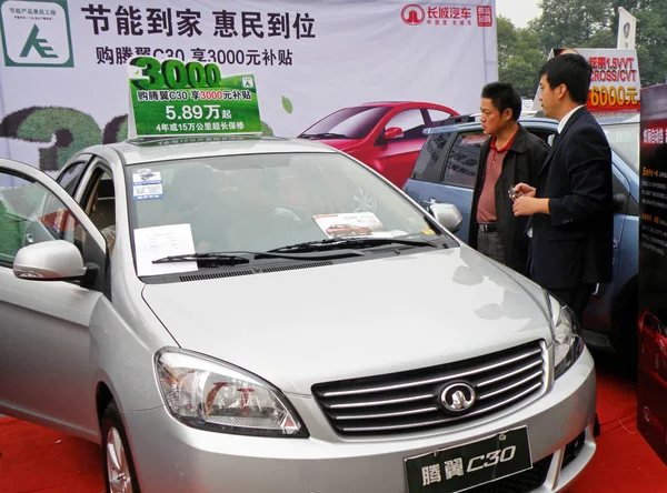 2010년 11월 13일 후베이성 이창시에서 자동차 쇼에서 방문객들이 만리장성 자동차의 — 스톡 사진