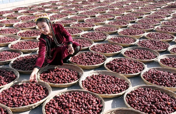 Eine Junge Chinesische Uigurische Frau Trocknet Jujube Früchte Auch Chinesische — Stockfoto