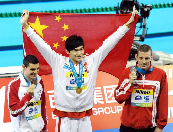 Fra Venstre Bronze Medaljevinder Gergo Kis Ungarn Guldmedaljevinder Sun Yang - Stock-foto