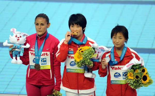 Esquerda Medalhista Bronze Paola Espinosa México Medalhista Ouro Chinas Chen — Fotografia de Stock