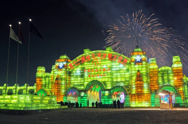 Fireworks Explode Illuminated Ice Made Structures 27Th Harbin International Ice — Stock Photo, Image