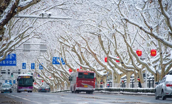 Veduta Una Strada Innevata Nella Città Nanchino Provincia Orientale Del — Foto Stock