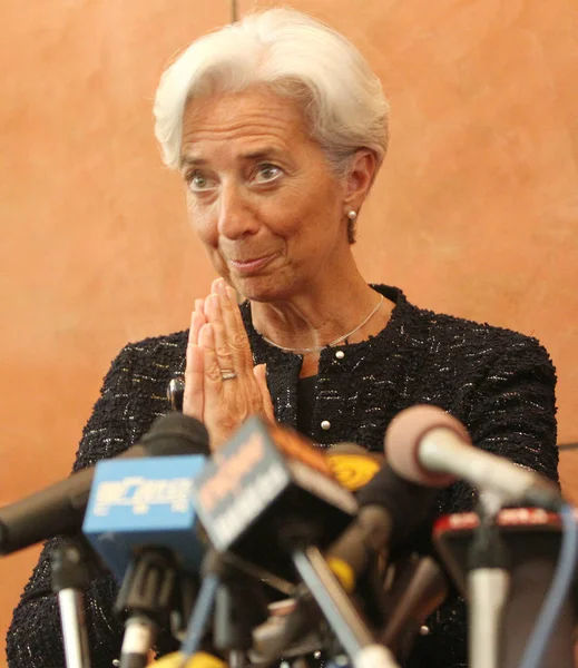 Ministra Finanzas Francesa Christine Lagarde Habla Una Conferencia Prensa Beijing — Foto de Stock