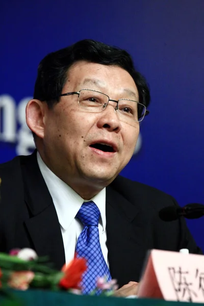 Chen Deming Ministro Comércio China Responde Uma Pergunta Numa Conferência — Fotografia de Stock