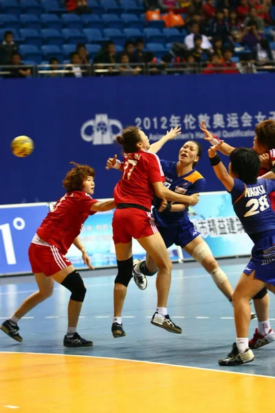 Japan Blå Och Spelare Sydkorea Tävlar Match Womens Handboll Asiatiska — Stockfoto