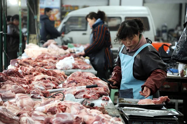 Китайские Поставщики Продают Свинину Свободном Рынке Городе Зибо Провинция Шаньдун — стоковое фото