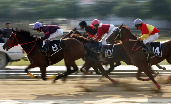 ファイル ジョッキーが中国湖北省中央区のオリエント ラッキー シティ国際競馬場で競馬でレースに参戦 10月31日2010 — ストック写真
