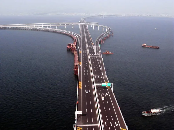 Luchtfoto Van Jiaozhou Bay Bridge Ook Wel Qingdao Gulf Bridge — Stockfoto