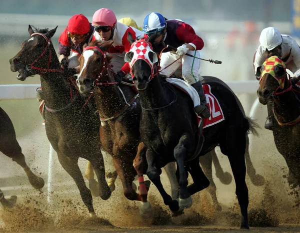 File Jockeys Compiten Una Carrera Caballos Hipódromo Internacional Orient Lucky — Foto de Stock