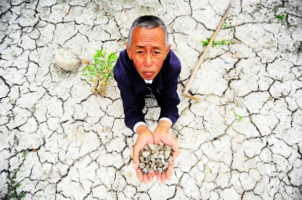 Ein Bauer Hält Infolge Der Dürre Der Stadt Yangzhou Der — Stockfoto