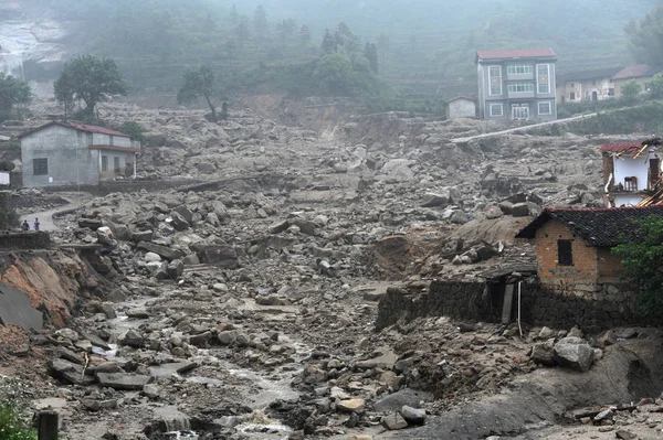 Nézd Pusztítás Okozta Egy Földcsuszamlás Guanshan Faluban Zhanqiao Linxiang Yueyang — Stock Fotó