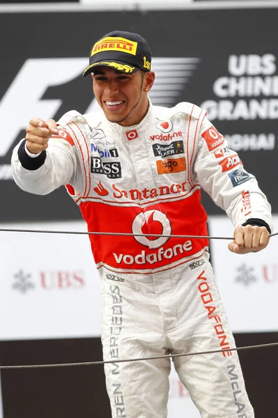 Der Britische Pilot Lewis Hamilton Vom Mclaren Mercedes Team Feiert — Stockfoto
