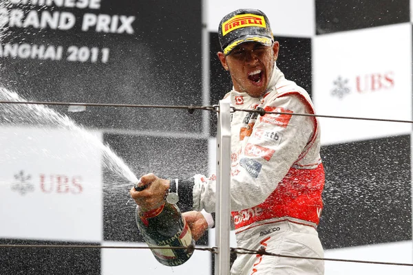 Der Britische Pilot Lewis Hamilton Vom Mclaren Mercedes Team Feiert — Stockfoto