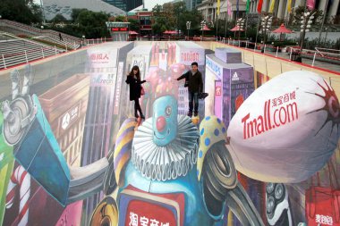 Visitors stand on a huge 3D ground painting under the Oriental Pearl TV Tower in the Lujiazui Financial District in Pudong, Shanghai, China, 9 November 2011 clipart