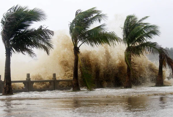 Stora Vågor Orsakade Typhoon Nesat Hit Sea Wall Zhuhai City — Stockfoto