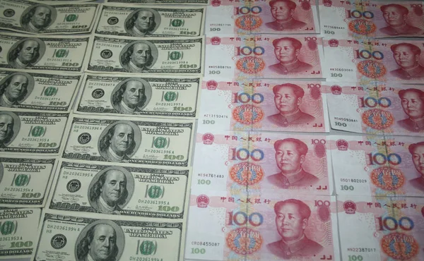 Vista Rmb Renminbi Yuan Bills Dollar Bills Bank Boxing East — Fotografia de Stock