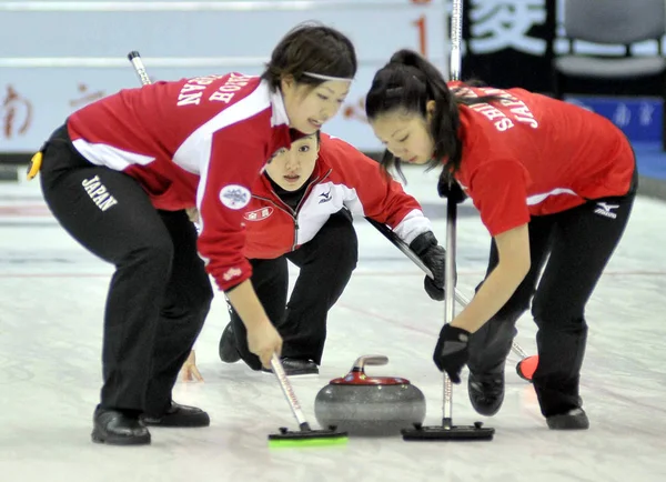 Игроки Японии Соревнуются Женском Двойном Круговом Матче Против Южной Кореи — стоковое фото