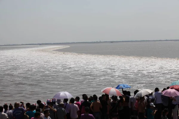 Visitatori Guardano Marea Del Fiume Qiantang Nella Città Haining Nella — Foto Stock