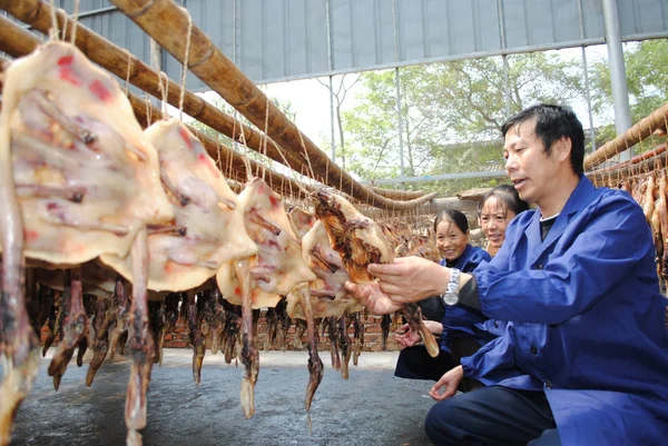 Liu Jinhua Frente Propietario Taller Pato Prensado Examina Pato Prensado — Foto de Stock