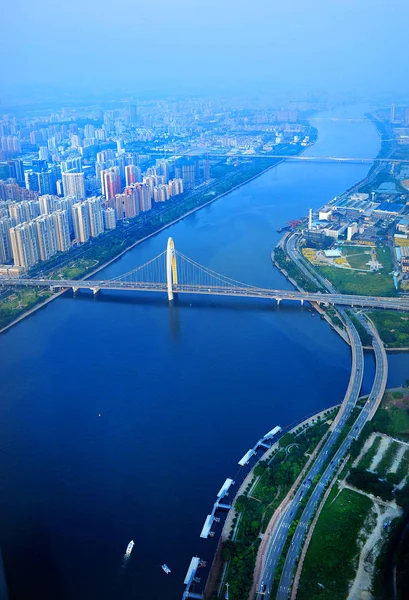 Zdjęcie Zrobione Szczycie Canton Tower Pokazuje Gród Miasta Guangzhou Pearl — Zdjęcie stockowe
