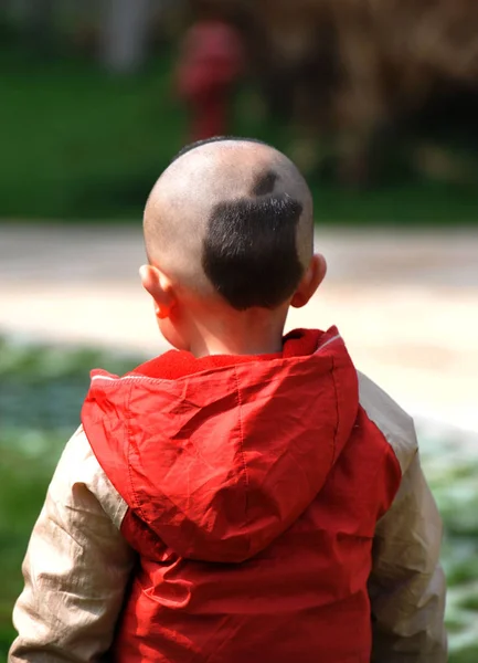 Niño Pequeño Con Lindo Corte Pelo Logotipo Apple Representa Calle —  Fotos de Stock