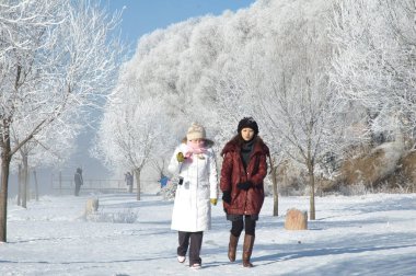 Visitors walk along the Songhua River to enjoy the rime scenery in Jilin city, northeast Chinas Jilin Province, February 6, 2010 clipart