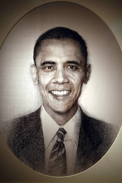Portrait President Barack Embroidered Human Hair Pictured Hair Embroidery Exhibition — Stock Photo, Image