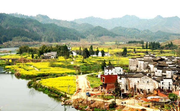 Uitzicht Gele Verkrachtings Velden Volkshuizen Wuyuan County Shangrao City East — Stockfoto