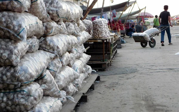 Sacos Alho São Vistos Mercado Atacadista Dalian Nordeste Província Chinas — Fotografia de Stock