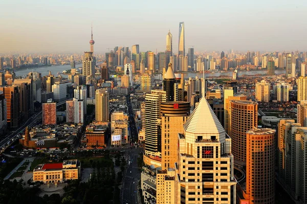 Vista Puxi Rio Huangpu Lujiazui Financial District Iwth Oriental Pearl — Fotografia de Stock